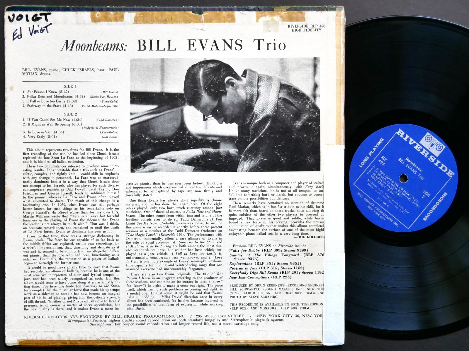 BILL EVANS TRIO Moon Beams LP RIVERSIDE RECORDS RLP 428 US 1962 MONO Paul Motian