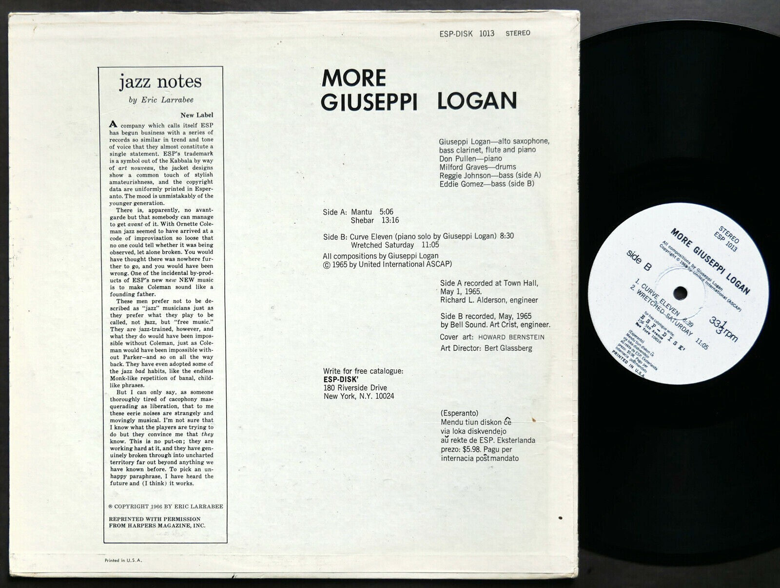 GIUSEPPI LOGAN More LP ESP DISK ESP 1013 US 1966 FREE JAZZ Milford Graves VG+