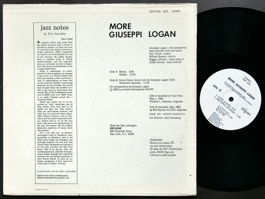 GIUSEPPI LOGAN More LP ESP DISK ESP 1013 US 1966 FREE JAZZ Milford Graves VG+