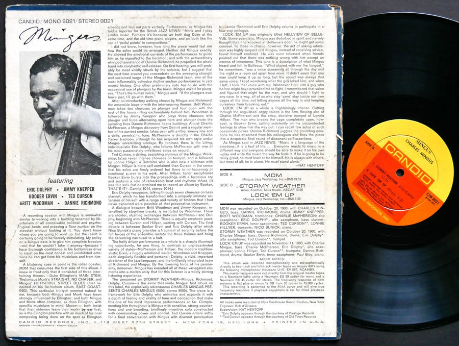 CHARLES MINGUS Mingus LP CANDID CJM 8021 US '61 DG MONO Eric Dolphy Booker Ervin