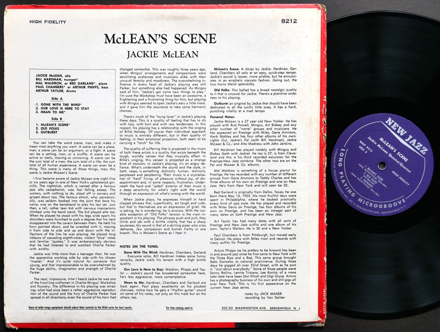 JACKIE MCLEAN McLean's Scene LP NEW JAZZ NJLP 8212 US 1962 RVG MONO Mal Waldron