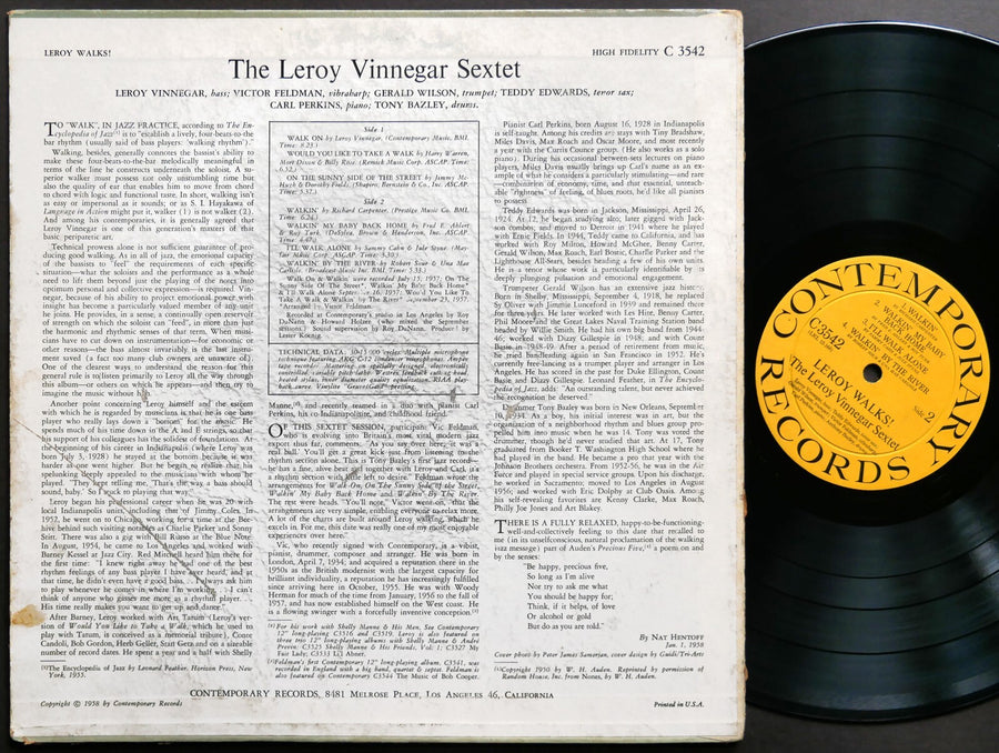 LEROY VINNEGAR Sextet Leroy Walks! LP CONTEMPORARY C 3542 DG MONO Victor Feldman