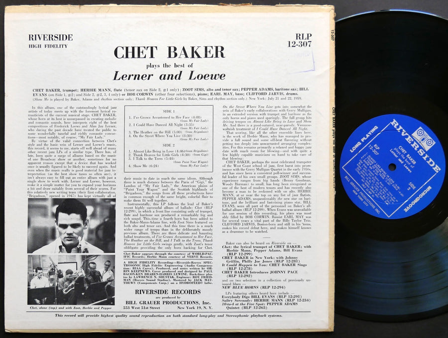 CHET BAKER Plays Lerner & Loewe LP RIVERSIDE RLP 12-307 JAZZ DG MONO Bill Evans