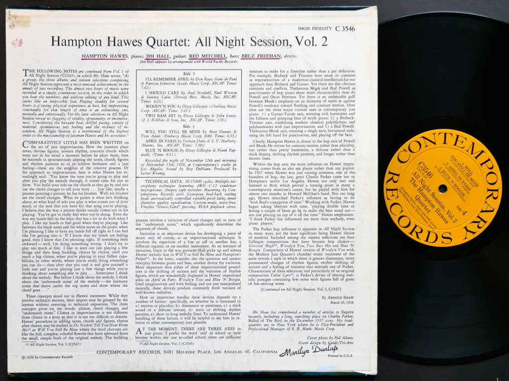 HAMPTON HAWES Quartet All Night Session! Vol. 2 LP CONTEMPORARY C 3546 DG MONO