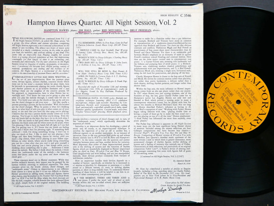 HAMPTON HAWES Quartet All Night Session! Vol. 2 LP CONTEMPORARY C 3546 DG MONO