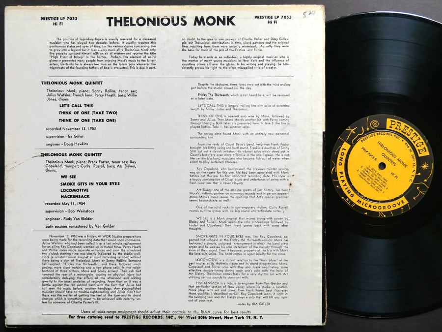 THELONIOUS MONK PRESTIGE LP 7053 US 1956 DG MONO W.50th Sonny Rollins Art Blakey