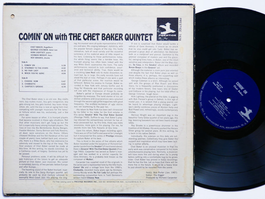 CHET BAKER Quintet Comin' On With LP PRESTIGE PR 7478 US 1967 MONO Roy Brooks