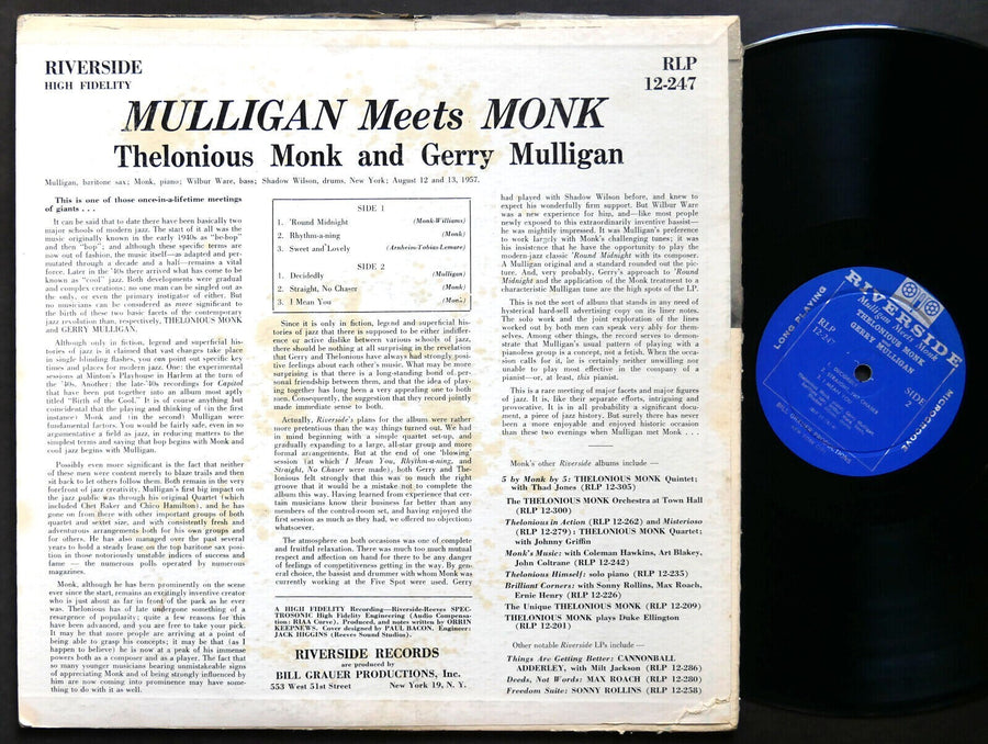 THELONIOUS MONK Meets GERRY MULLIGAN LP RIVERSIDE RLP 12-247 US 1957 DG MONO