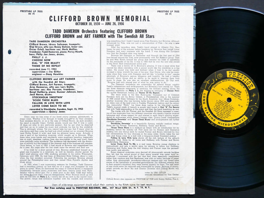 CLIFFORD BROWN Memorial LP PRESTIGE 7055 MONO W.50th Benny Golson Gigi Gryce