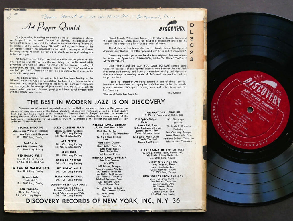 ART PEPPER Quintet 10" LP  DISCOVERY DL 3023 US 1954 DG MONO JAZZ Jack Montrose