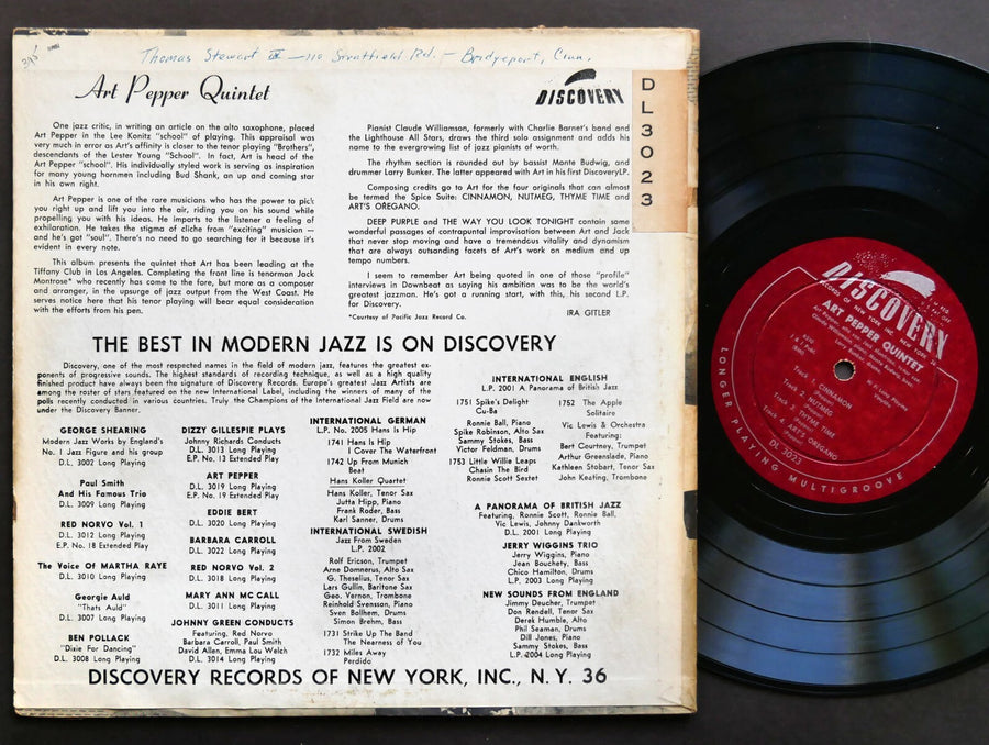 ART PEPPER Quintet 10" LP  DISCOVERY DL 3023 US 1954 DG MONO JAZZ Jack Montrose