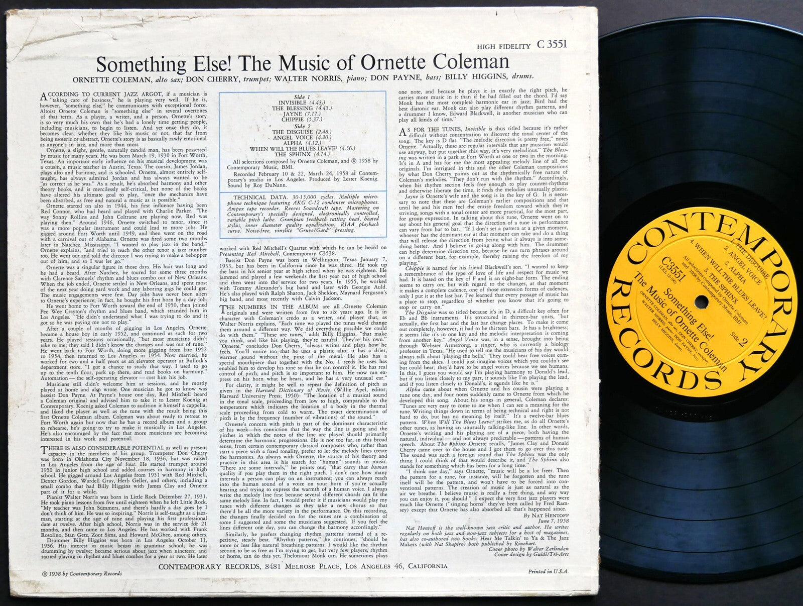 ORNETTE COLEMAN Something Else!!!! CONTEMPORARY C 3551 US '58 DG MONO Don Cherry