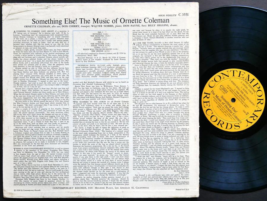 ORNETTE COLEMAN Something Else!!!! CONTEMPORARY C 3551 US '58 DG MONO Don Cherry