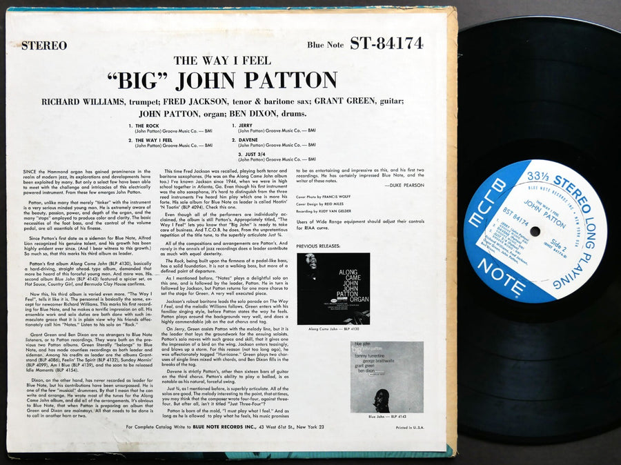 BIG JOHN PATTON The Way I Feel LP BLUE NOTE BST 84174 US 1964 NY RVG Grant Green