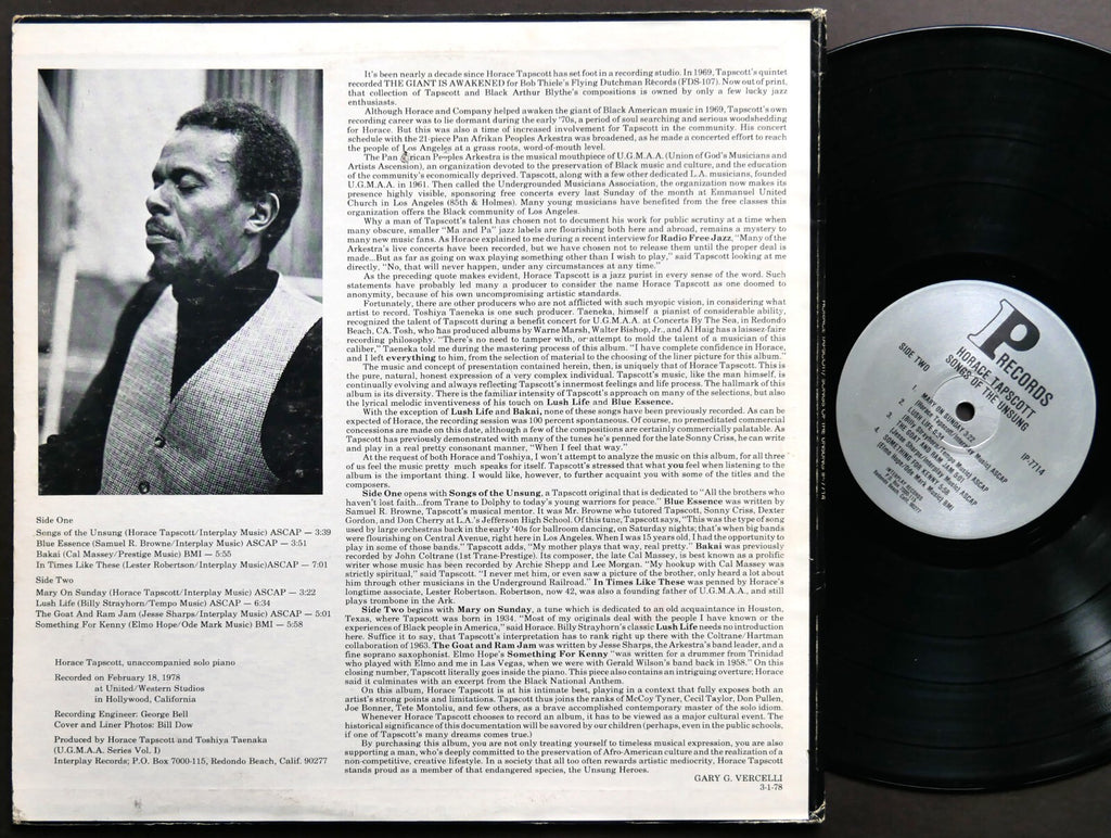 HORACE TAPSCOTT Songs Of The Unsung LP INTERPLAY RECORDS IP-7714 US 1978 JAZZ