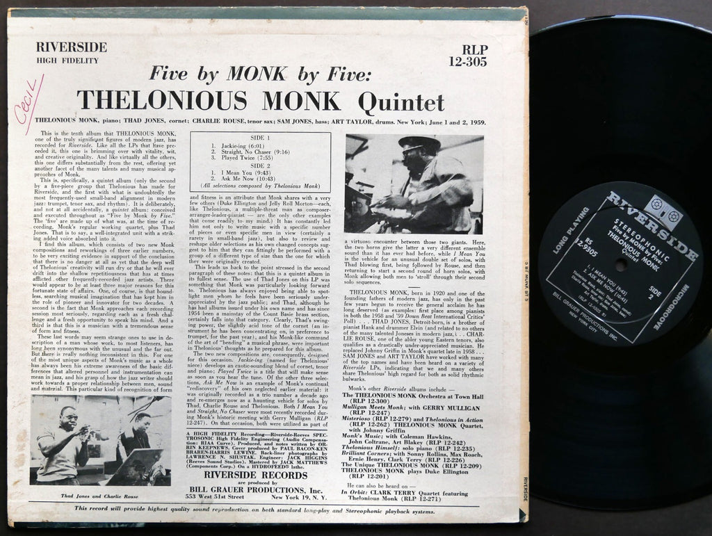 THELONIOUS MONK 5 By Monk By 5 LP RIVERSIDE RS 12-9305 Charlie Rouse Thad Jones