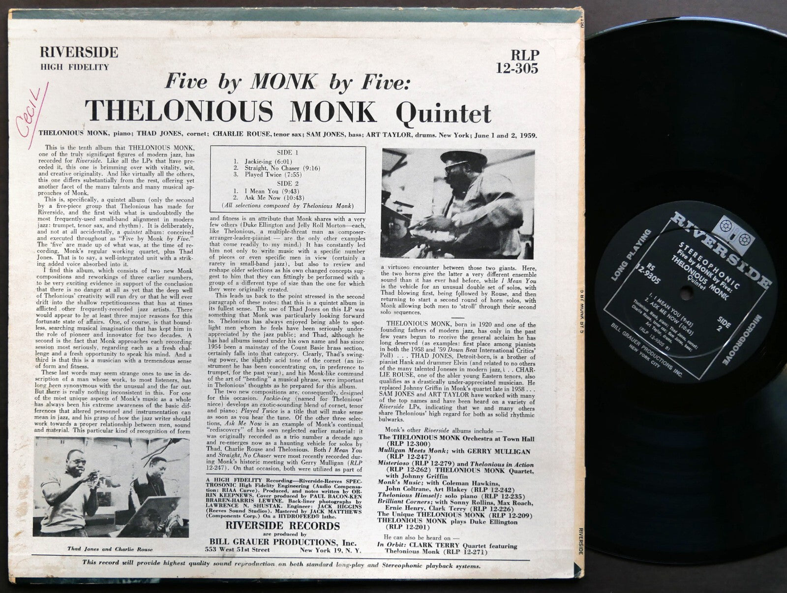 THELONIOUS MONK 5 By Monk By 5 LP RIVERSIDE RS 12-9305 Charlie Rouse Thad Jones