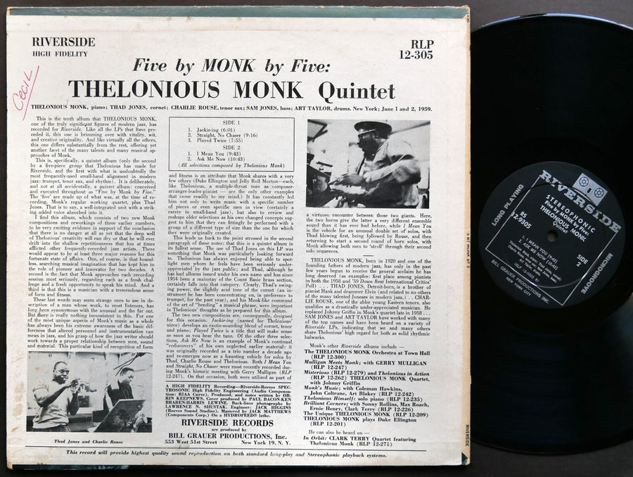 THELONIOUS MONK 5 By Monk By 5 LP RIVERSIDE RS 12-9305 Charlie Rouse Thad Jones