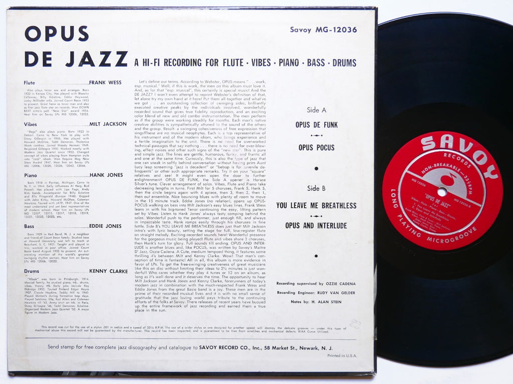 MILT JACKSON FRANK WESS HANK JONES Opus De Jazz LP SAVOY MG 12036 RVG DG MONO