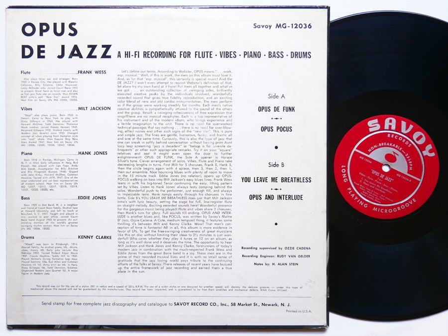 MILT JACKSON FRANK WESS HANK JONES Opus De Jazz LP SAVOY MG 12036 RVG DG MONO
