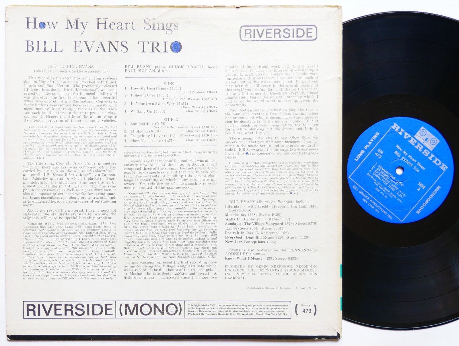 BILL EVANS TRIO How My Heart Sings LP RIVERSIDE RECORDS RM 473 US 1964 DG MONO