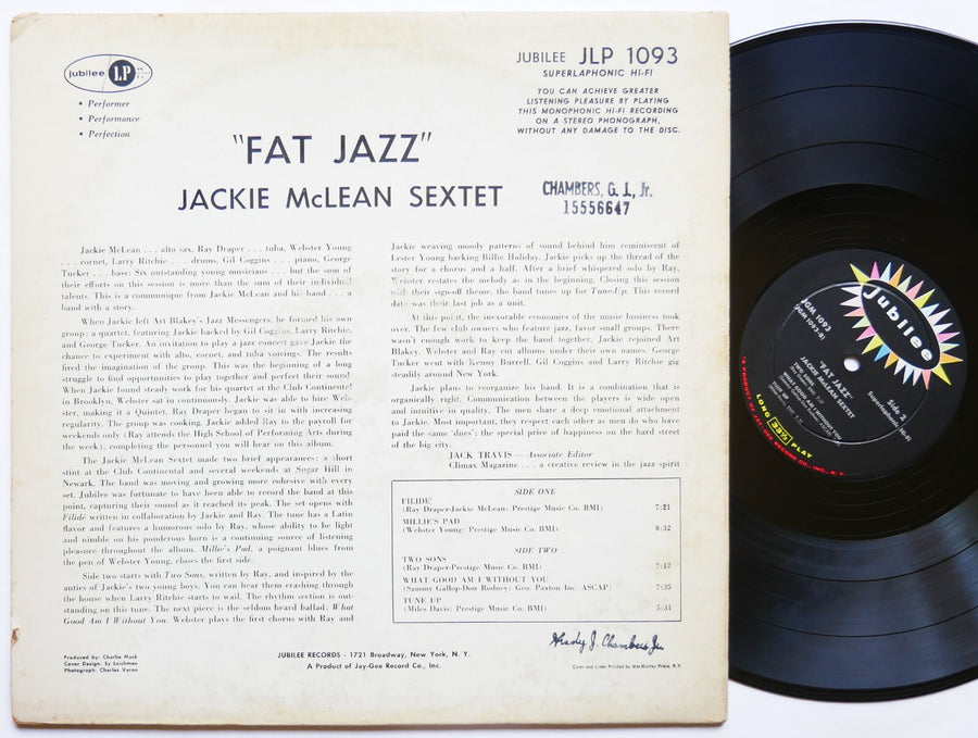 JACKIE MCLEAN Sextet Fat Jazz LP JUBILEE JGM 1093 US 1959 DG MONO Ray Draper