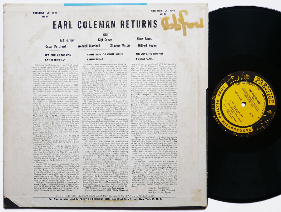 EARL COLEMAN Returns LP PRESTIGE 7045 US 1956 DG MONO Gigi Gryce Oscar Pettiford
