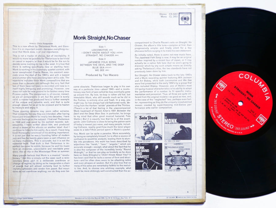 THELONIOUS MONK Straight, No Chaser LP COLUMBIA CS 9451 US 1967 Charlie Rouse