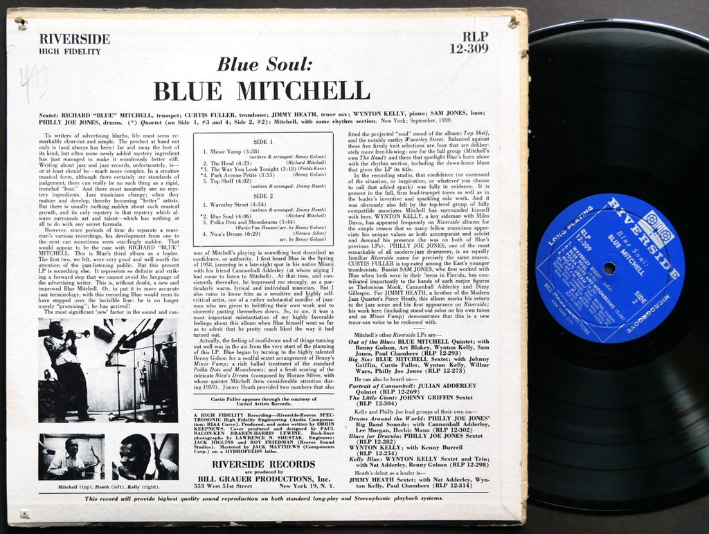 BLUE MITCHELL Sextet Blue Soul LP RIVERSIDE RLP 12-309 DG MONO JAZZ Wynton Kelly