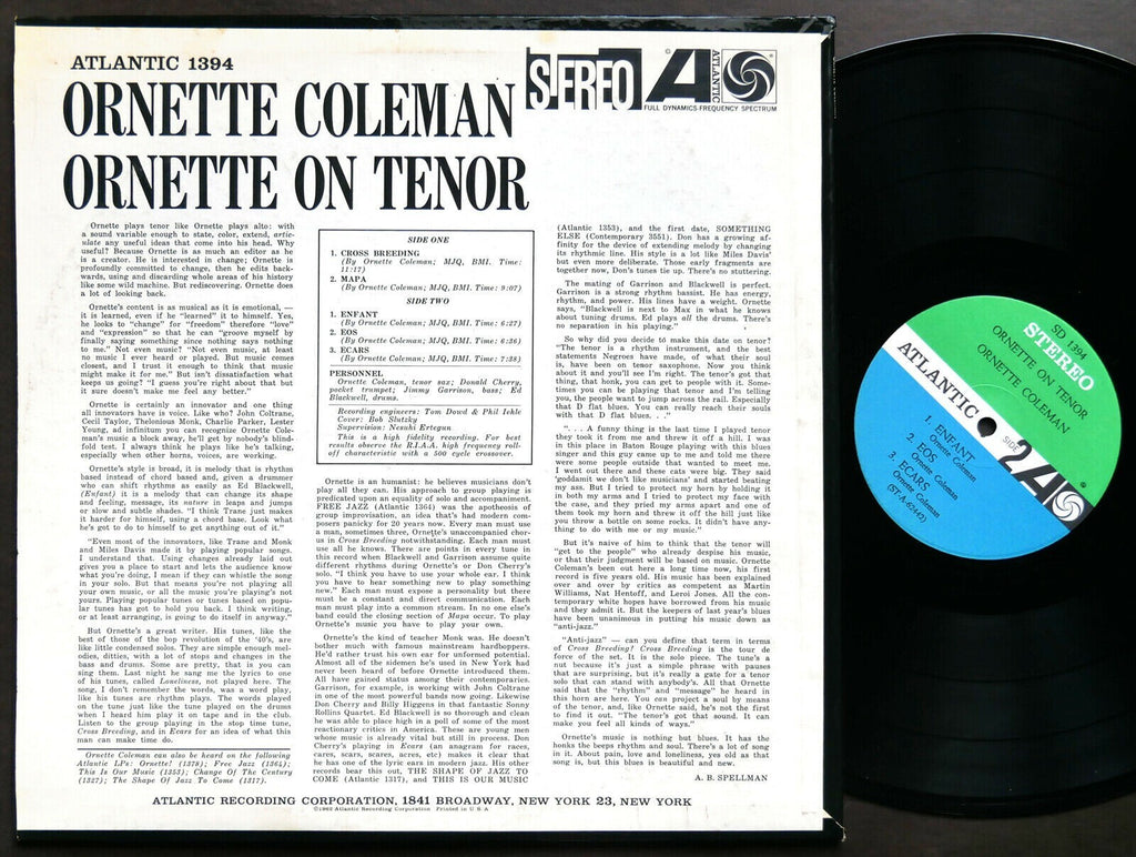ORNETTE COLEMAN Ornette On Tenor LP ATLANTIC SD 1394 US 1962 Don Cherry CLEAN