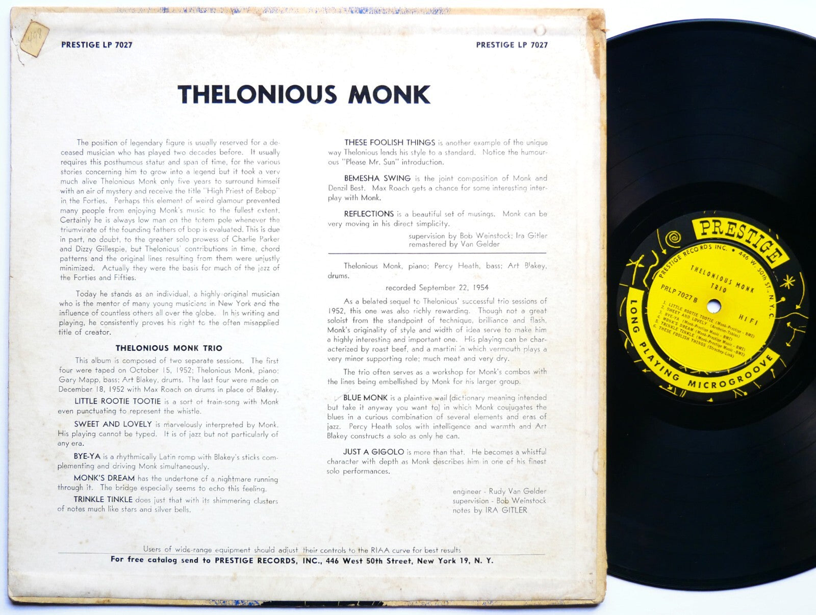 THELONIOUS MONK Trio LP PRESTIGE PRLP 7027 US 1956 DG MONO Art Blakey Max Roach