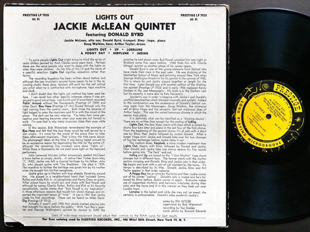 JACKIE MCLEAN DONALD BYRD ELMO HOPE Lights Out! LP PRESTIGE PRLP 7035 RVG MONO