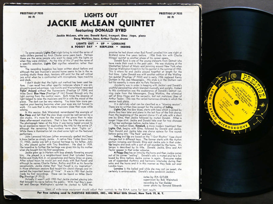 JACKIE MCLEAN DONALD BYRD ELMO HOPE Lights Out! LP PRESTIGE PRLP 7035 RVG MONO