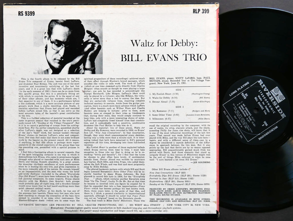 BILL EVANS TRIO Waltz For Debby LP RIVERSIDE RS 9399 US 1963 Scott LaFaro VG+