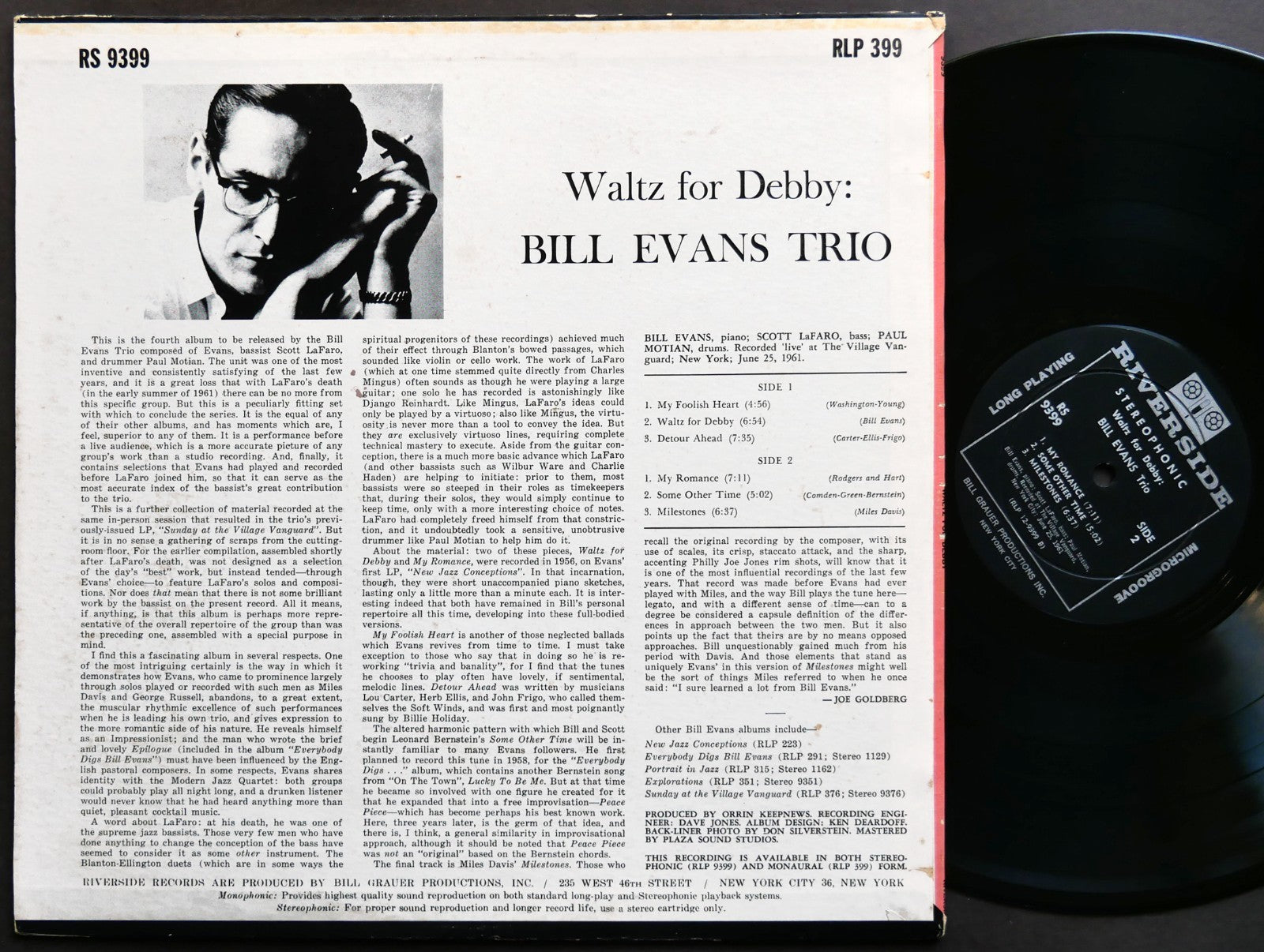 BILL EVANS TRIO Waltz For Debby LP RIVERSIDE RS 9399 US 1963 Scott LaFaro VG+