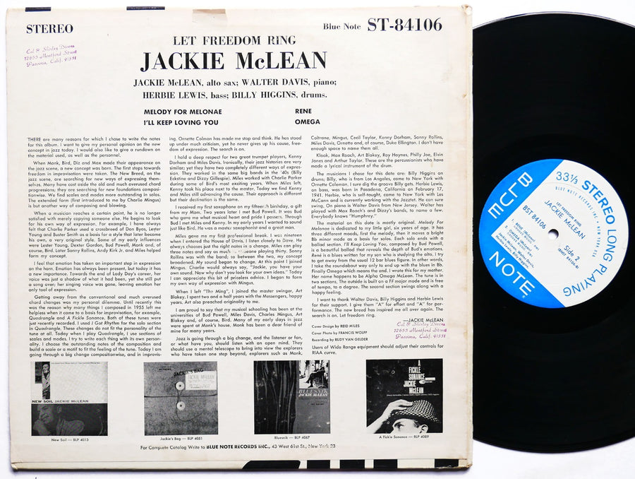 JACKIE MCLEAN Let Freedom Ring LP BLUE NOTE BST 84106 US '63 NY EAR Walter Davis