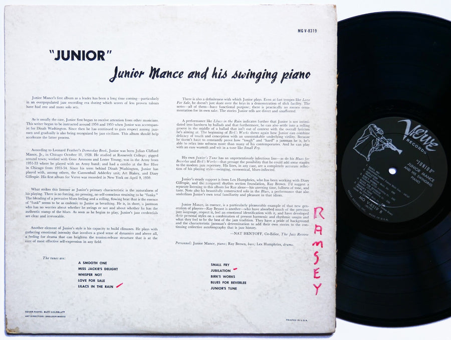 JUNIOR MANCE Junior LP VERVE RECORDS MG V-8319 US 1959 DG MONO JAZZ Ray Brown