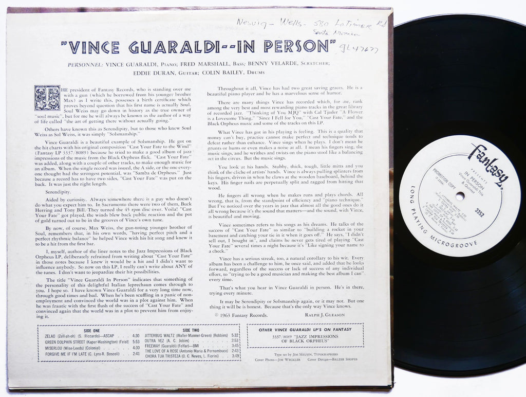 VINCE GUARALDI In Person LP FANTASY 3352 US 1963 JAZZ DG MONO PROMO