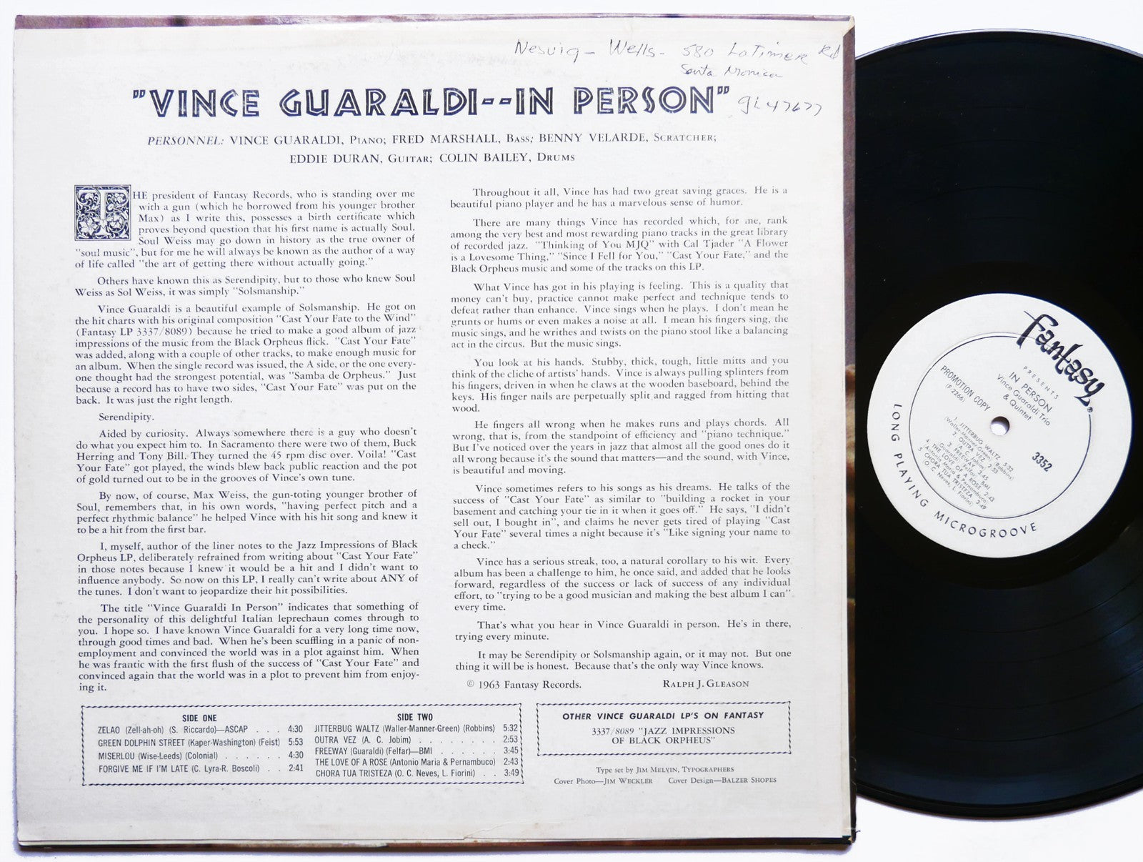 VINCE GUARALDI In Person LP FANTASY 3352 US 1963 JAZZ DG MONO PROMO