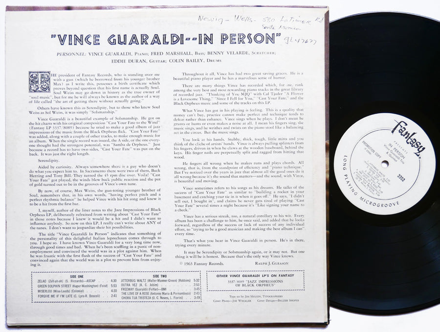 VINCE GUARALDI In Person LP FANTASY 3352 US 1963 JAZZ DG MONO PROMO