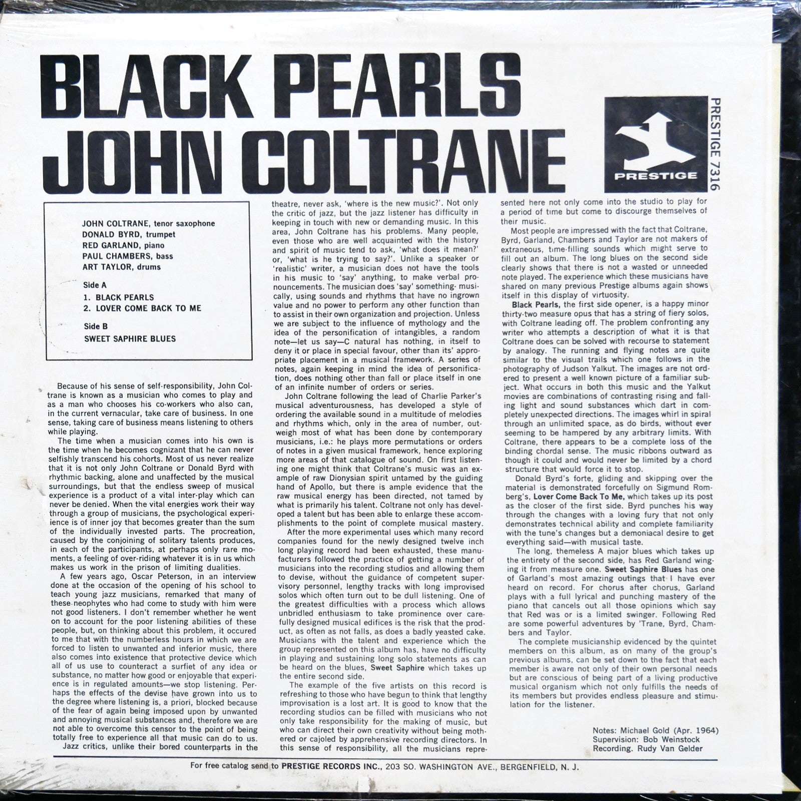JOHN COLTRANE Black Pearls LP PRESTIGE PR 7316 SEALED RVG MONO Donald Byrd