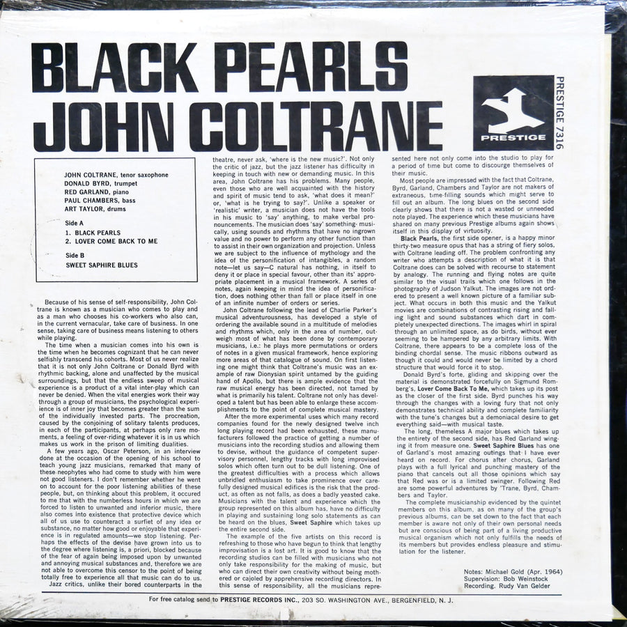 JOHN COLTRANE Black Pearls LP PRESTIGE PR 7316 SEALED RVG MONO Donald Byrd