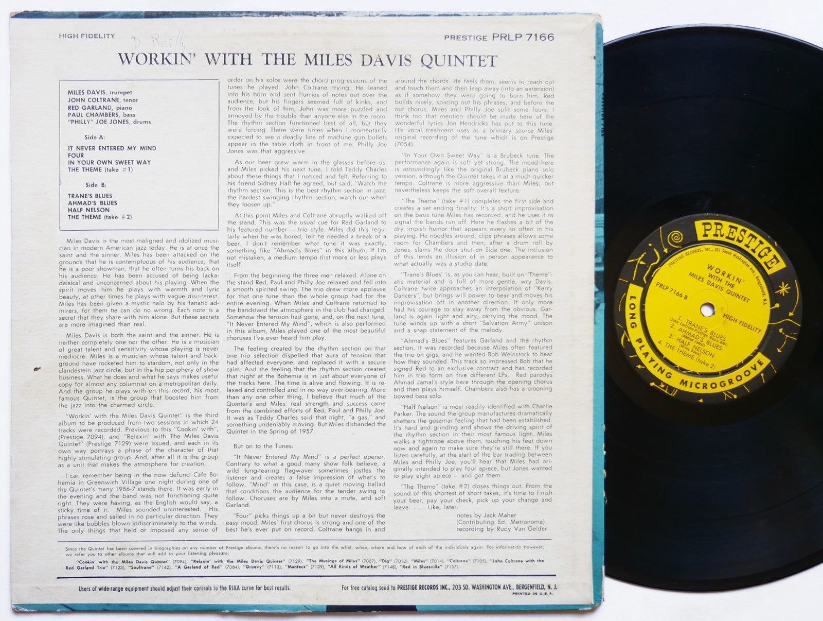 MILES DAVIS Workin' LP PRESTIGE PRLP 7166 US 1959 NJ RVG DG MONO John Coltrane