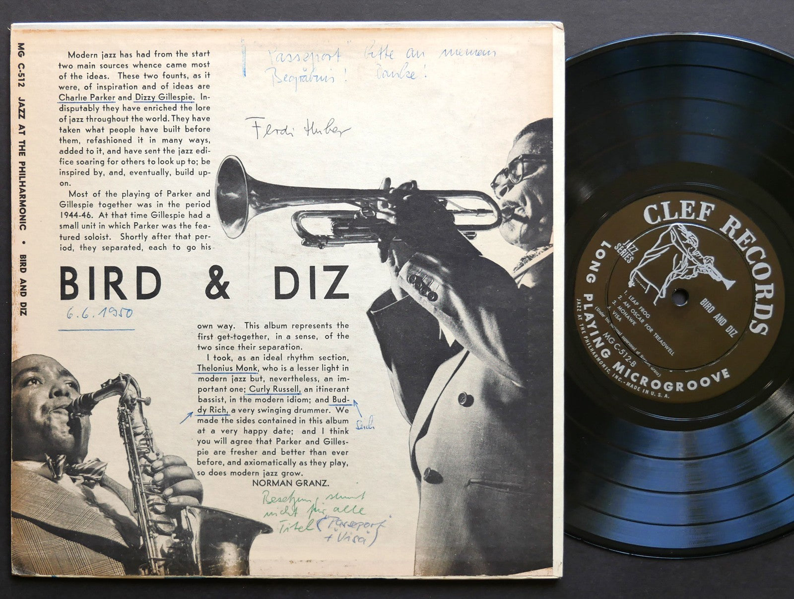 CHARLIE PARKER DIZZY GILLESPIE Bird And Diz 10" LP CLEF MG C-512 Thelonious Monk
