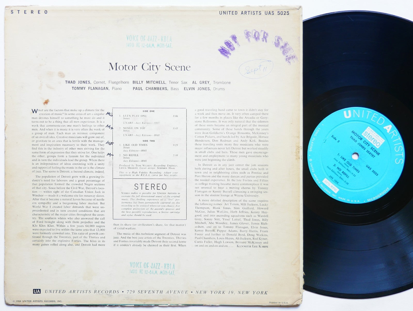 THAD JONES Motor City Scene LP UNITED ARTISTS UAL 4025 US 1959  Tommy Flanagan