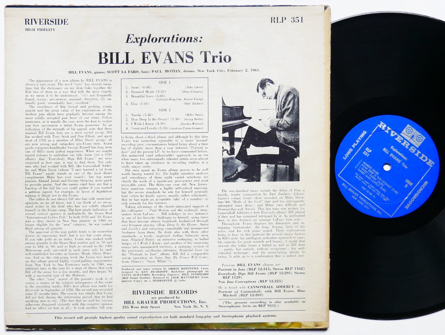 BILL EVANS TRIO Explorations LP RIVERSIDE RLP 351 US 1961 DG MONO Scott La Faro