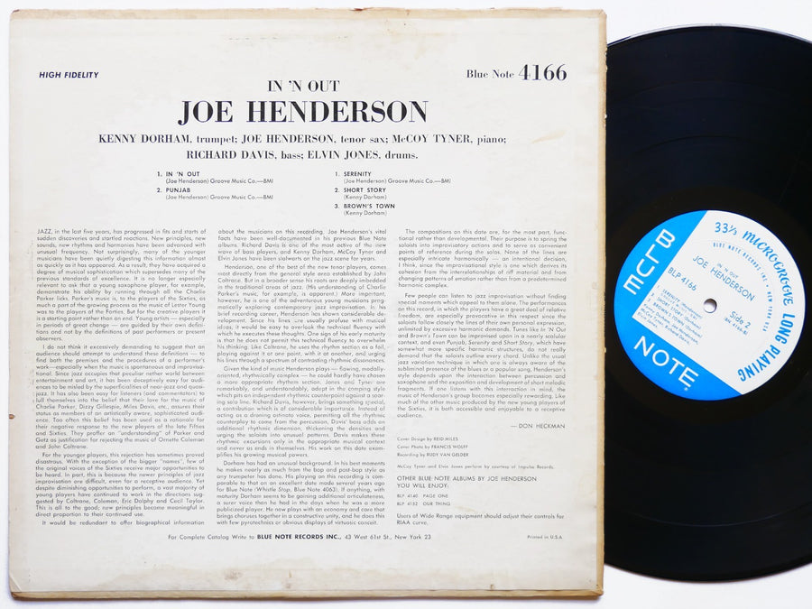 JOE HENDERSON In 'N Out LP BLUE NOTE BLP 4166 US 1965 NY EAR MONO Kenny Dorham