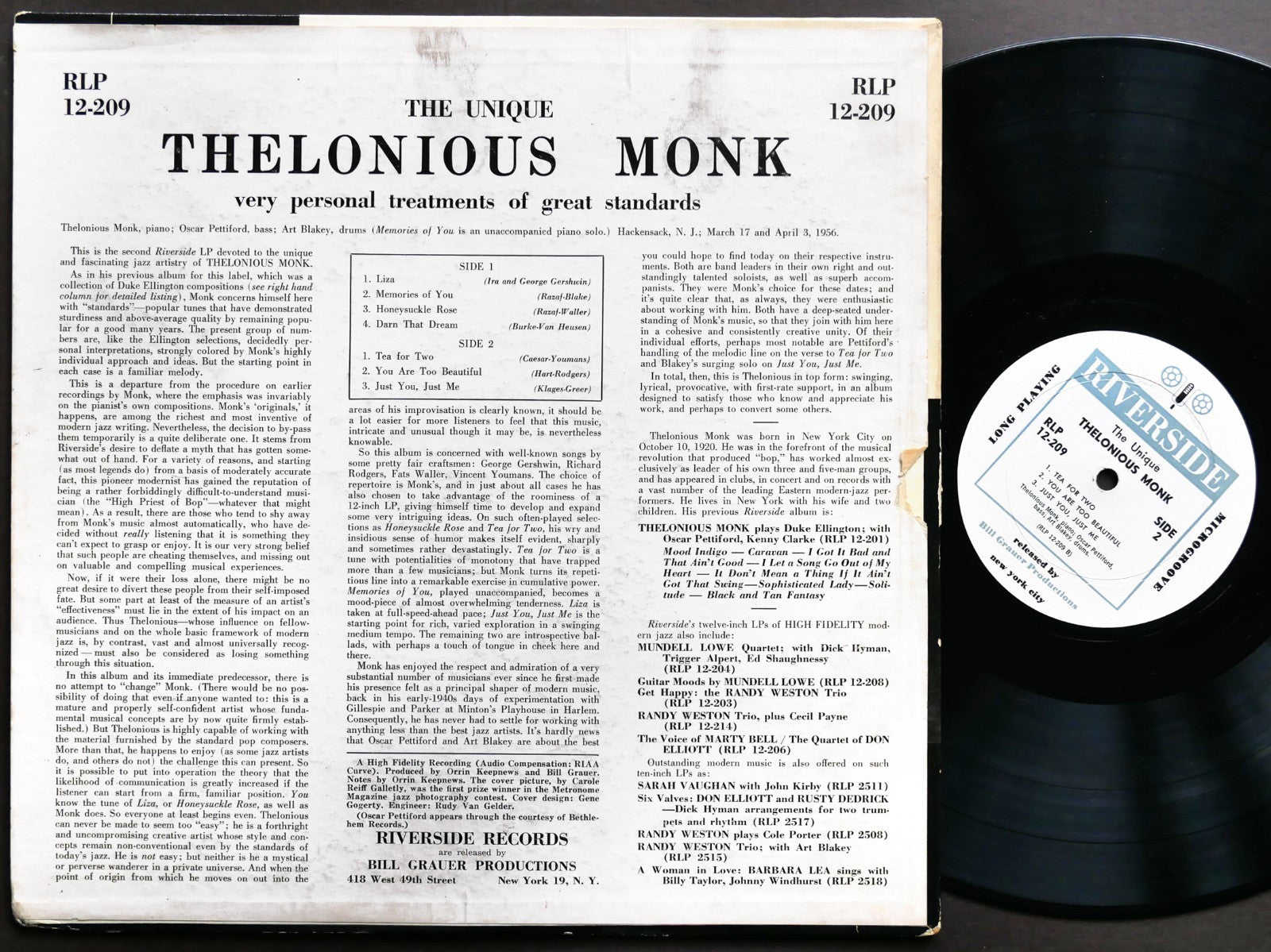 THELONIOUS MONK The Unique LP RIVERSIDE RLP 12-209 US 1956 DG MONO Art Blakey