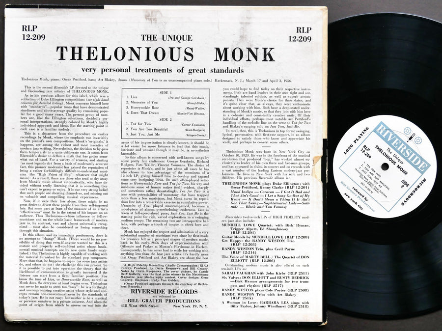 THELONIOUS MONK The Unique LP RIVERSIDE RLP 12-209 US 1956 DG MONO Art Blakey