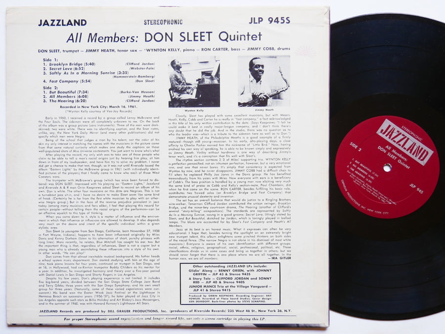 DON SLEET  WYNTON KELLY All Members LP JAZZLAND JLP 945S Jimmy Heath Ron Carter